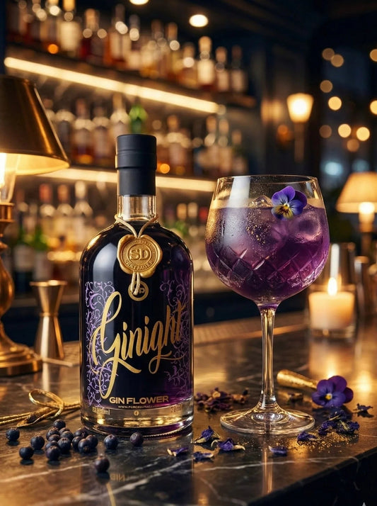 Ginight – gin artigianale italiano alla violetta con cocktail viola sul bancone