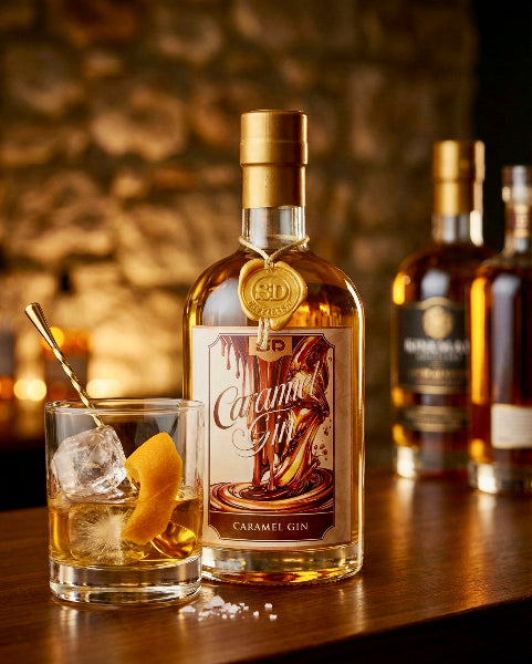 CaramelGin – gin artigianale italiano al caramello con cocktail sul bancone